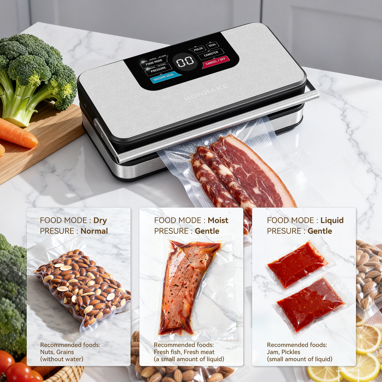95kPa Powerful Vacuum Sealer for Food, Fully Automatic 10-in-1 Vacuum Sealer Machine with Easy Handle, Built-in Cutter & Roll Storage, Digital Countdown Display, Premium Stainless Steel Design