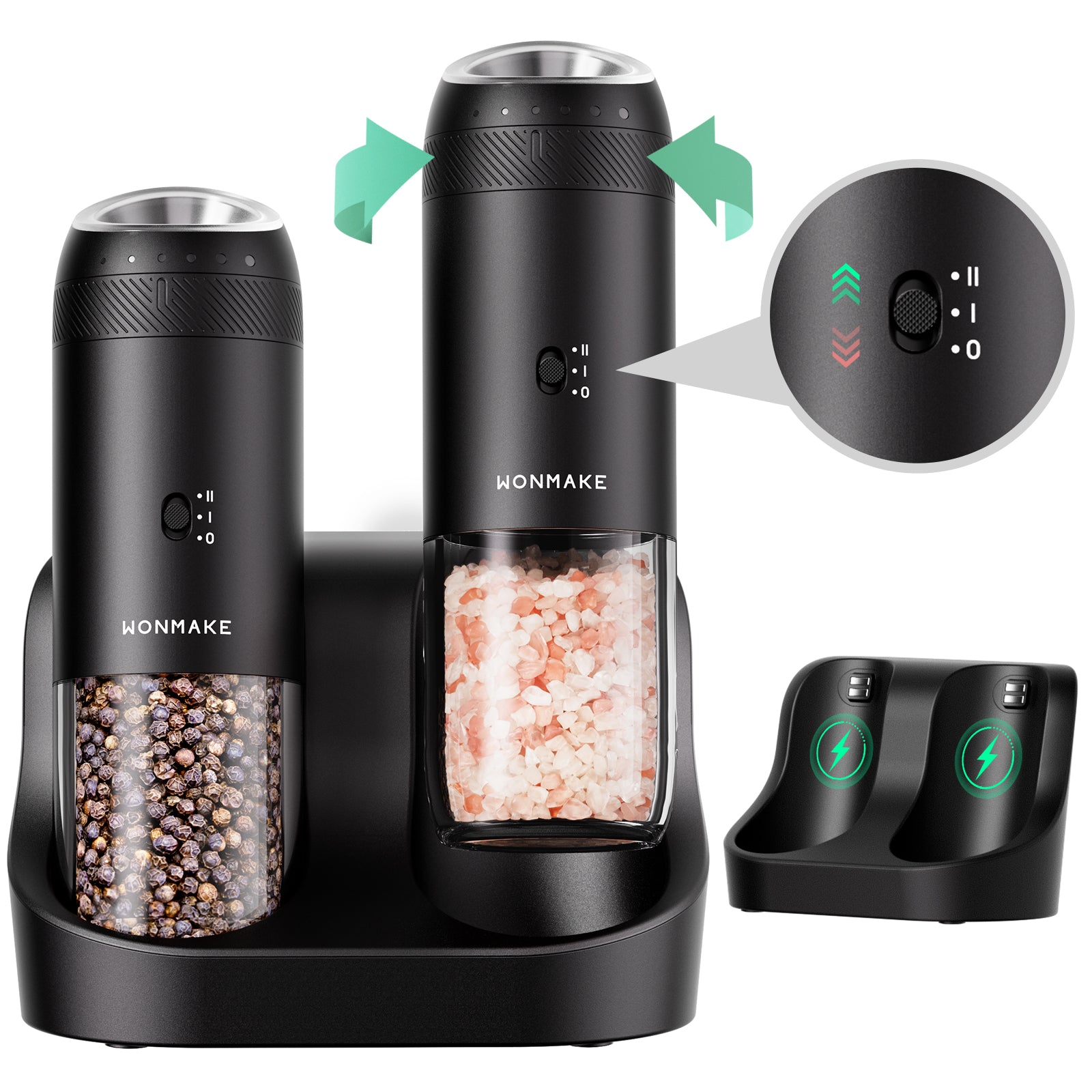 WONMAKE Gravity Electric Salt and Pepper Grinder Set with Charging Base, Automatic Salt and Pepper Mill, 6-Level Adjustable Coarseness, Dual Speed, and Large 5.95oz Capacity