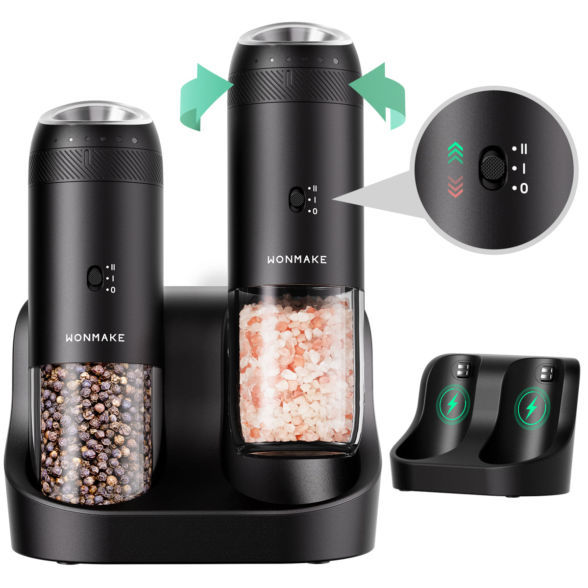 WONMAKE Gravity Electric Salt and Pepper Grinder Set with Charging Base, Automatic Salt and Pepper Mill, 6-Level Adjustable Coarseness, Dual Speed, and Large 5.95oz Capacity