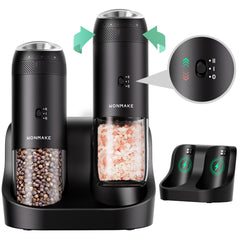 WONMAKE Gravity Electric Salt and Pepper Grinder Set with Charging Base, Automatic Salt and Pepper Mill, 6-Level Adjustable Coarseness, Dual Speed, and Large 5.95oz Capacity