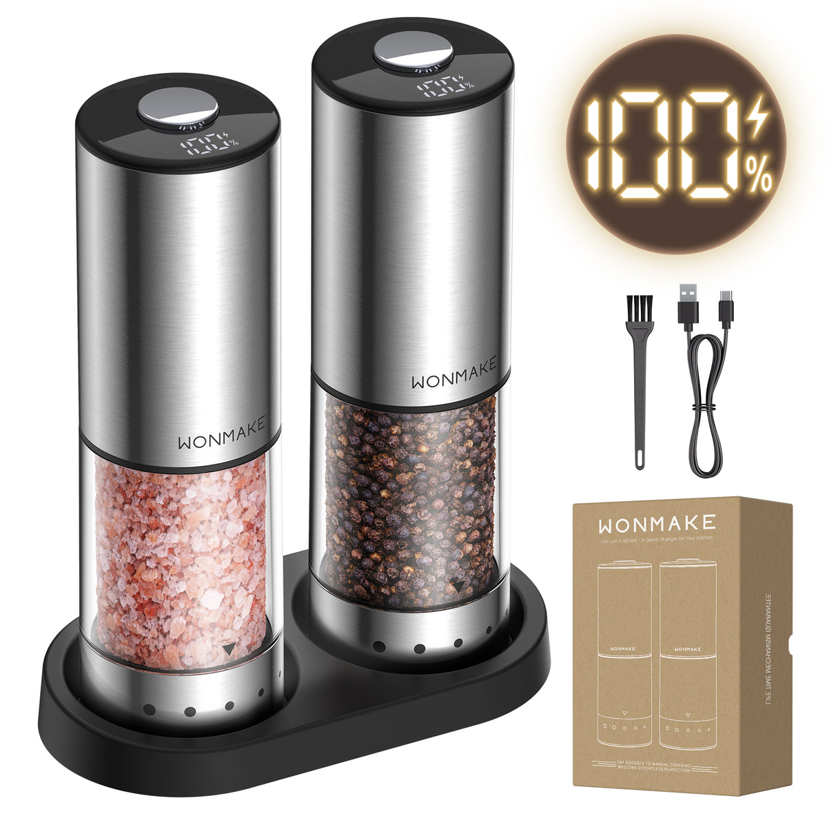 Electric Salt and Pepper Grinder Set, Type-C Rechargeable with LED Battery Level Display, Stainless Steel Salt and Pepper Shakers with Storage Base, Top Button Design, 5 Adjustable Coarseness Levels