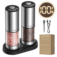 Electric Salt and Pepper Grinder Set, Type-C Rechargeable with LED Battery Level Display, Stainless Steel Salt and Pepper Shakers with Storage Base, Top Button Design, 5 Adjustable Coarseness Levels