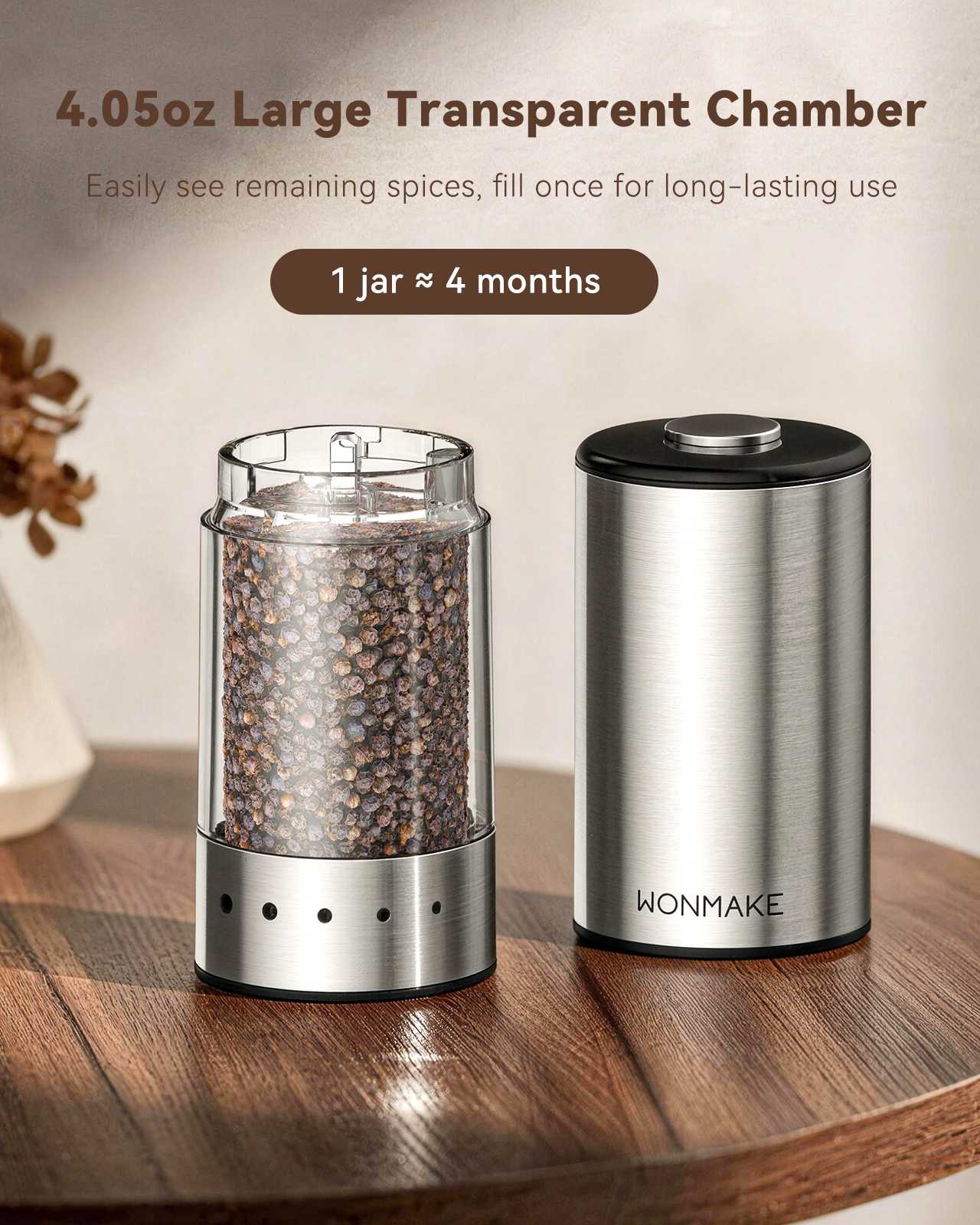 Electric Salt and Pepper Grinder Set, Type-C Rechargeable with LED Battery Level Display, Stainless Steel Salt and Pepper Shakers with Storage Base, Top Button Design, 5 Adjustable Coarseness Levels