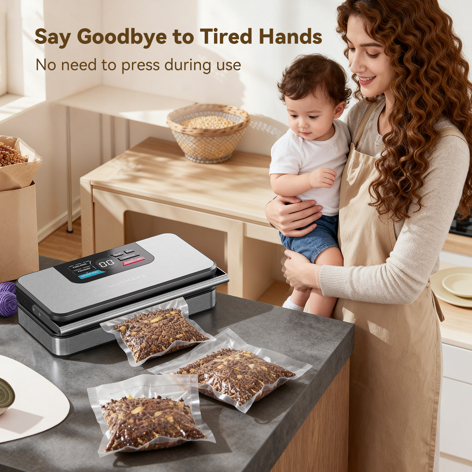 95kPa Powerful Vacuum Sealer for Food, Fully Automatic 10-in-1 Vacuum Sealer Machine with Easy Handle, Built-in Cutter & Roll Storage, Digital Countdown Display, Premium Stainless Steel Design